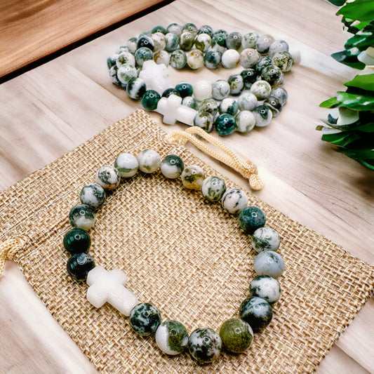 Tree Moss Agate - Stretch Cross Bracelet